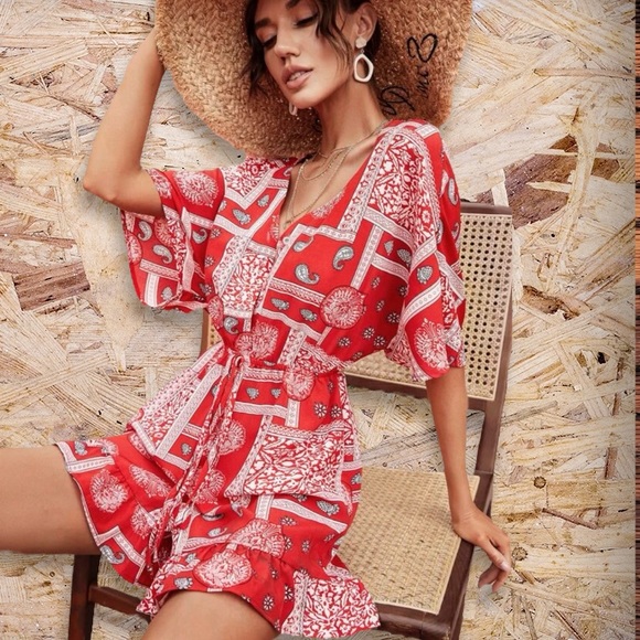 New Boho Red & White Scarf Print Batwing Sleeve Knot Front Ruffle Hem Romper - Picture 12 of 12